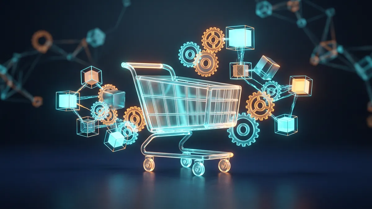 3D візуалізація інтернет-магазину на OpenCart: торговий кошик, модульні блоки та шестерні, що з'єднуються в єдину систему