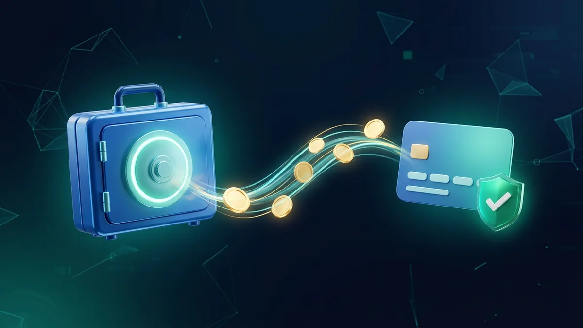 Синій 3D-сейф у вигляді портфеля, з якого до банківської картки із зеленим щитом тече стрічка золотих монет