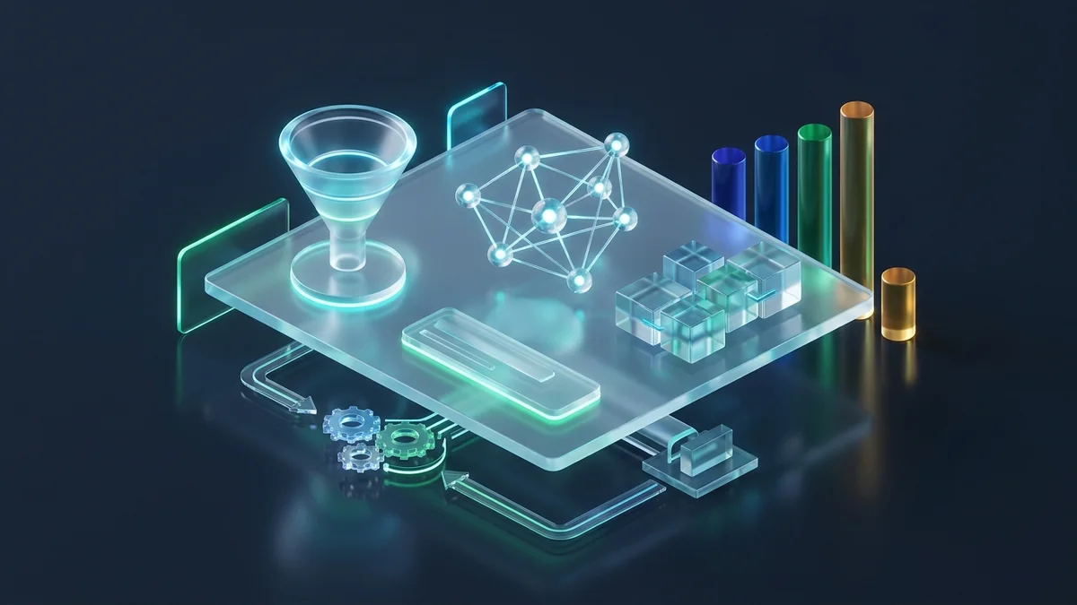3D ілюстрація архітектури власної CRM-системи: модулі воронок угод, аналітичні дашборди та підключені інтеграції