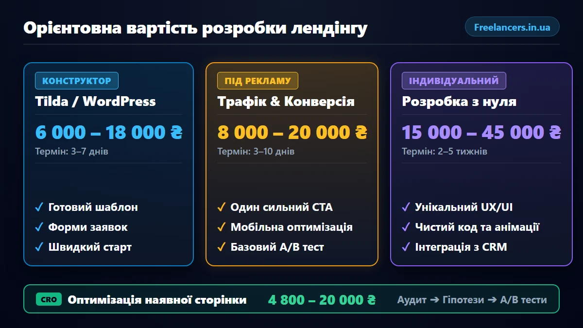 Орієнтовна вартість розробки лендінгу та оптимізації CRO у гривнях